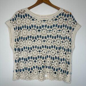 Solitaire Crochet Knit Top Small Cream Blue Cropped Boho Cottagecore Boxy